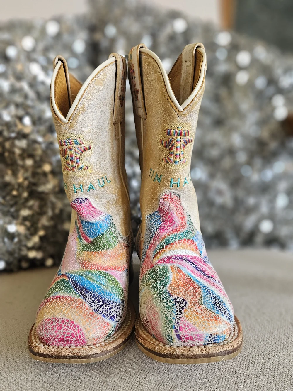 Tin Haul Handmade Leather Kids Color Burst Square Toe Boots. Size Toddler 11